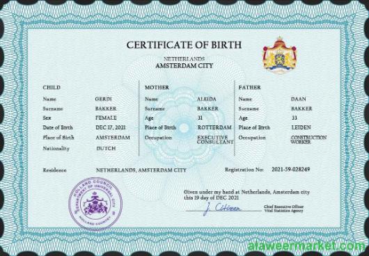 Netherlands vital record birth certificate PSD template